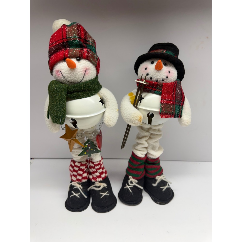 Vintage Style Snowman Shelf Sitter Duo Metal Jingle Bell Body Christmas Decor